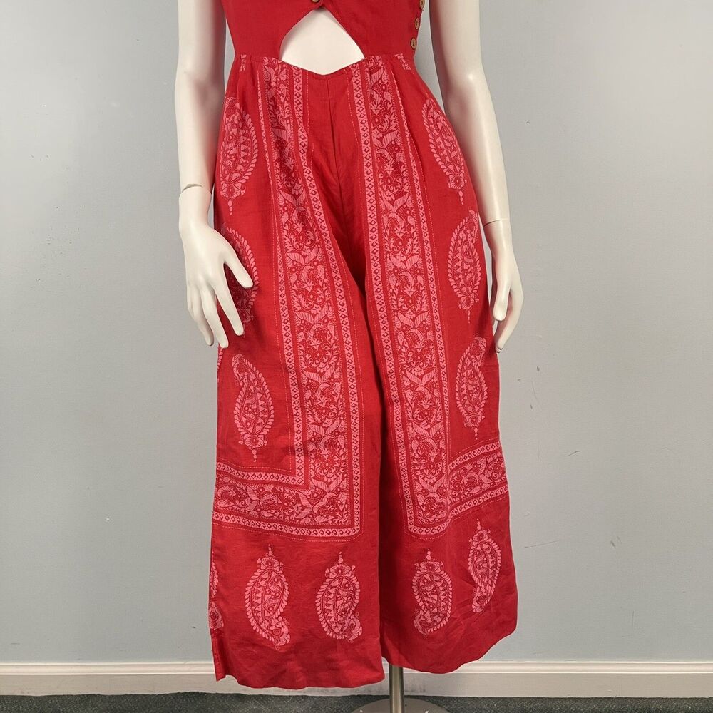 Free People Linen Blend Wide Leg Jumpsuit 0 Red Paisley Cottage Boho Festival - Picture 5 of 15